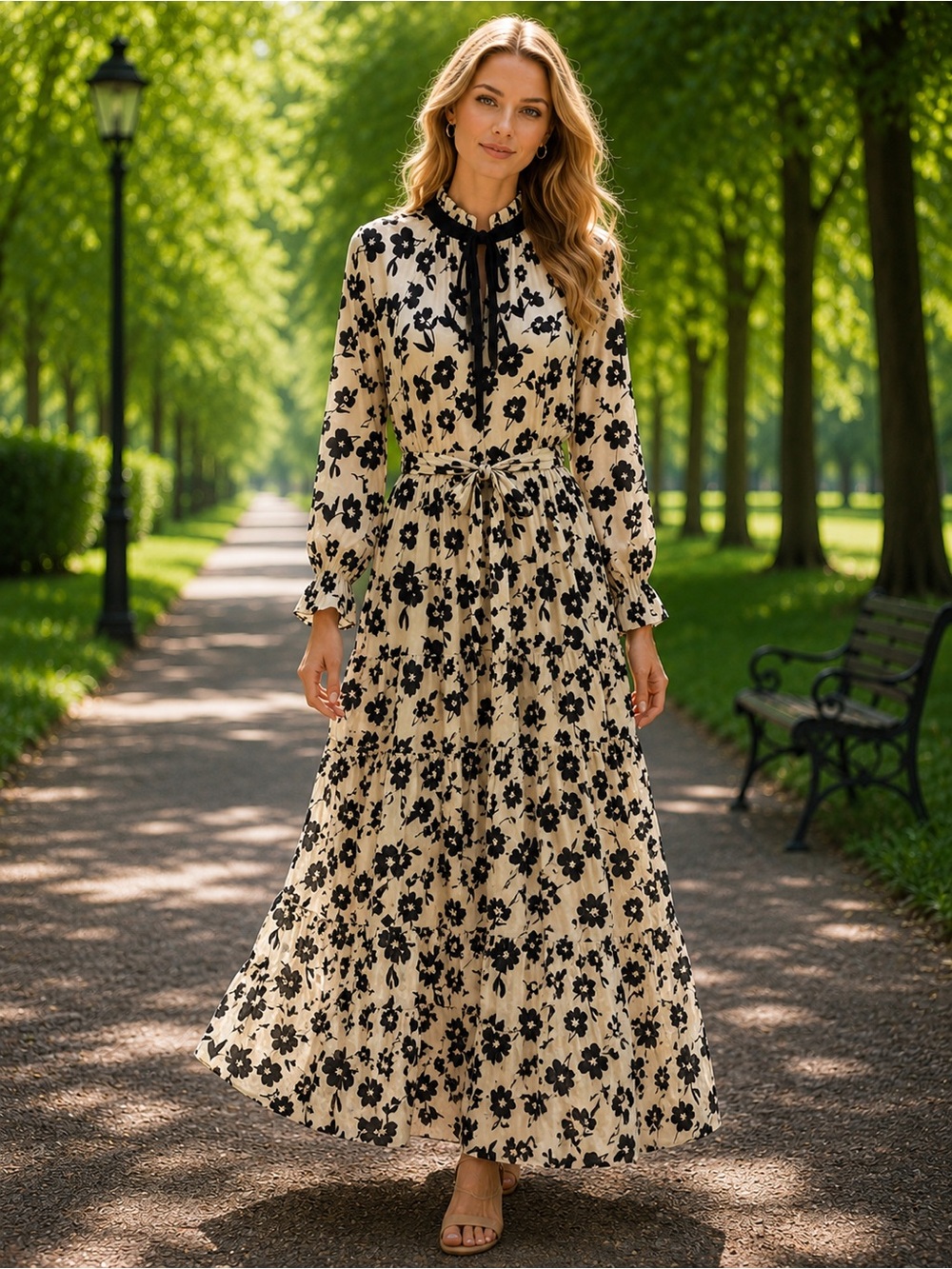 Kathie K Black & Ivory Floral Maxi Dress Size XL